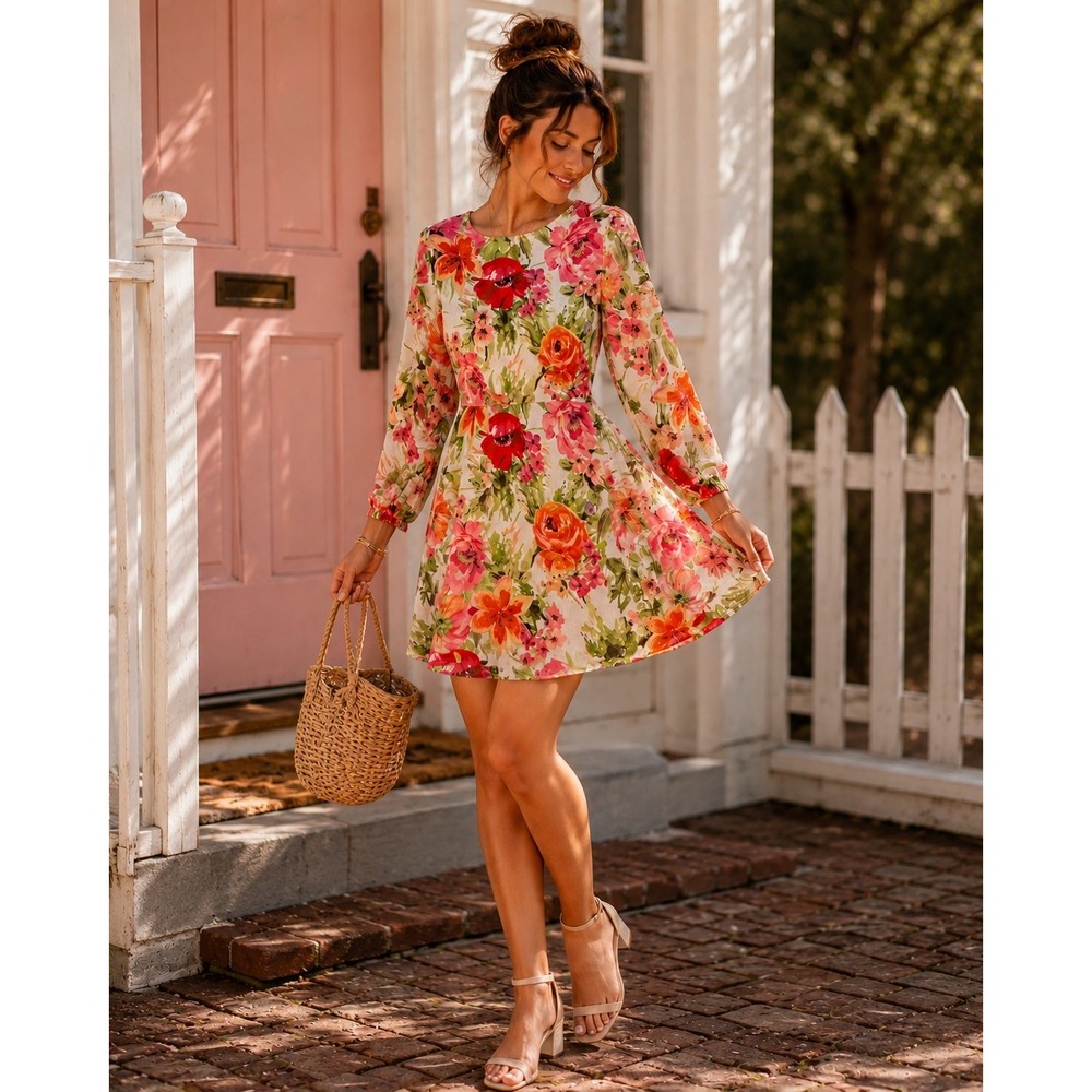 Zara Womens Floral Linen Blend Open Back Mini Dress Long Sleeve Pink Orange S